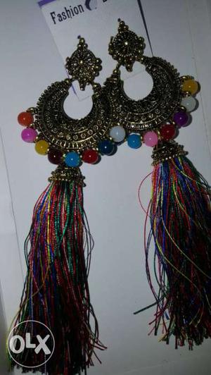 Gold Red And Blue Beaded Earrings