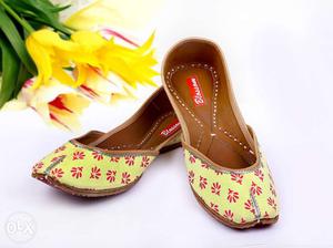 Pair Of Brown-and-red Floral Flat Shoes