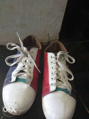 Pair Of White-purple-and-red Low-top Sneakers