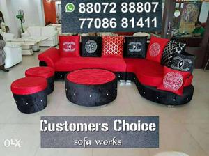Red-and-black Fabric Sectional Sofa; Ottoman And Throw