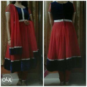 Red and royal blue velvet and net anarkali with