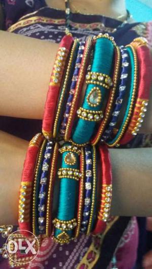 Red,cyan,purple And Gold Silk Thread Bangles