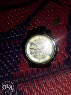 Round Beige Chronograph Watch With Black Link Bracelet