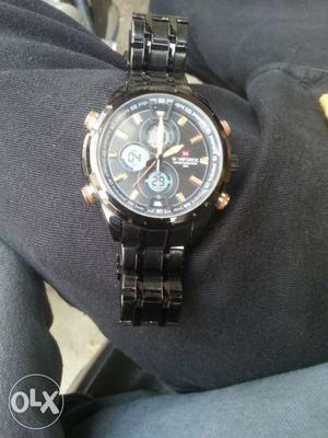Round Black Chronograph Watch With Black Chain Link Bracelet