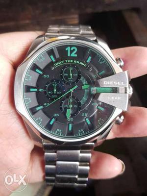 Round Silver Diesel Chronograph Watch With Link Band