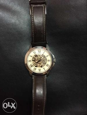 Round White Mechanical Watch With Leather Strap