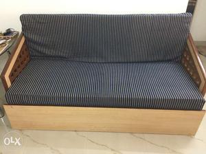 Teak Wood Sofa With Black-and-white Stripe Pads