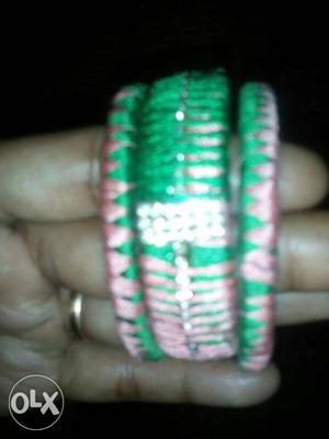 Three Green-and-pink Silk-thread Bangles