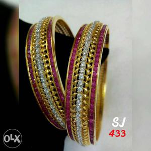 Two Embellished Diamond And Purple-amethyst Gold Bangles prc