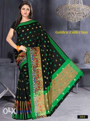 Women's Black, Green, And Beige Floral Sari