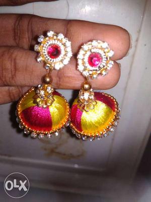 Yellow-and-pink Jhumka Earrings