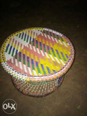 Brown, White, Yellow, And Purple Rattan Woven Coffee Table
