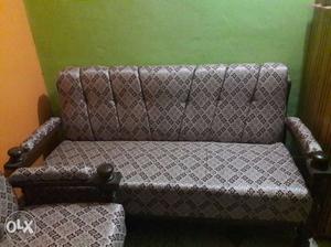 Brown Wooden Framed Grey Leather Sofa