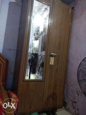 Brown Wooden Side-by-side Wardrobe With Mirror