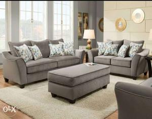 Grey Fabric 2-seat Sofa, Loveseat And Ottoman