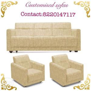 Sandal colour jute fabric five seater sofa