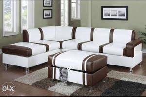 White And Brown Leather Sectional Couch With Ottoman