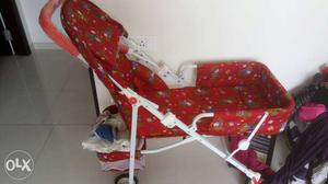 Baby's Red And White Bear Print Pram Stroller