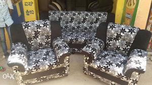 Black-gray-brown Floral Rolled-arm Sofa Set