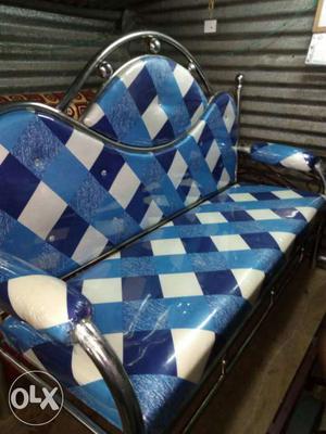 Blue And White Checked Leather Padded Futon
