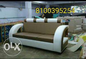 Brown And White Fabric 3-seats Sofa