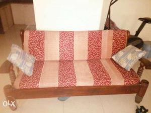 Brown strong Wooden Framed Red And Beige Floral Padded Futon