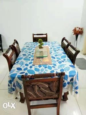 Five Piece Of Brown And Blue Wooden Dining Set