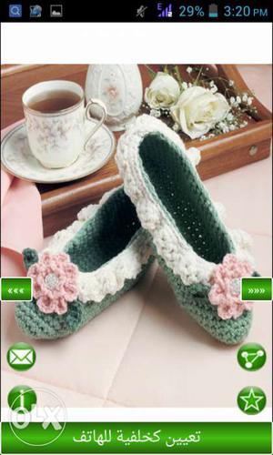 Pair Of White And Green Knit Flats