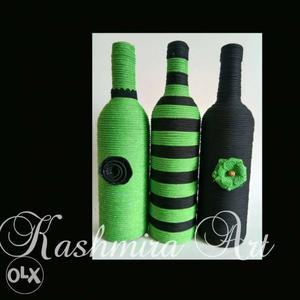 Three Black-and-green Rope Coated Decorative Bottles