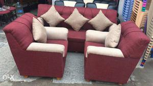 Three Red And White Suede Couches