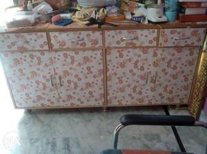 White And Beige Floral Wooden Cabinet