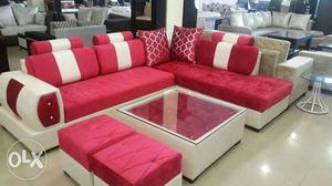 White And Red Fabric Sectional Sofa Set