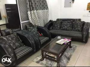 Grey-and-black Linen Sofa And Two Sofa Chairs