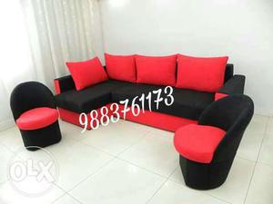 Red-and-black Sectional Sofa And Chair