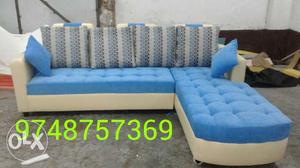 Tufted Blue And White Fabric Sectional Sofa