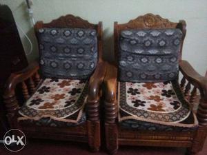 Two White-brown-black-beige Floral Padded Brown Wooden Base