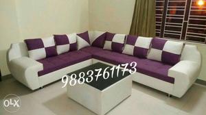White And Purple Corner Sofa With Coffee Table