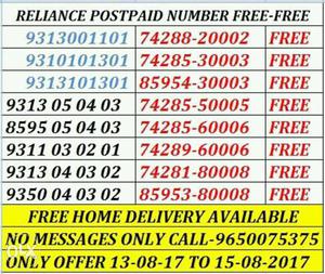 Reliance Postpaid Number Free-free Chart