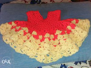 Baby's Red And Beige Crochet Dress