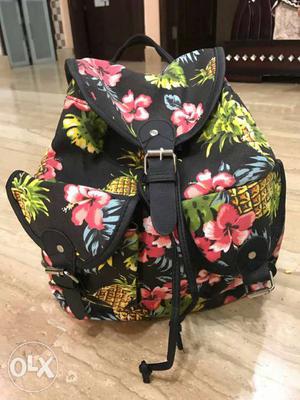 Black, Pink, And Green Floral Backpack
