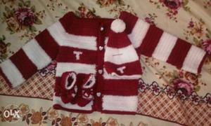 Children's Crochet White And Red Striped Jacket