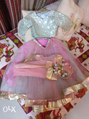 Designer Pink And sea green Lehnga choli of 3-4 yrs Girl