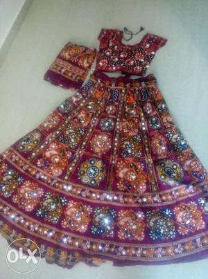Girl's Red And Orange Floral Ghagra Choli