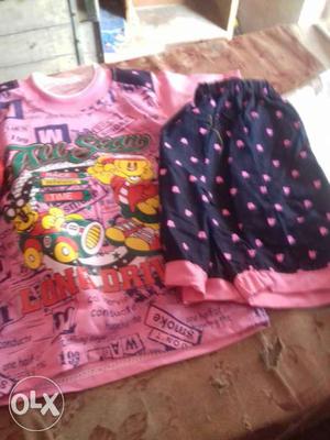 Kid's Pink And Black Crew-neck Shirt And Shorts