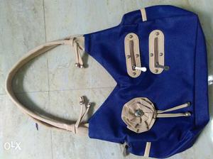 Blue And Brown Flower Accent Leather Trimmed Hobo Bag