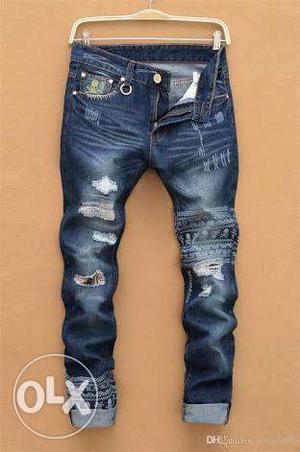Distressed Washed Whiskered Fitted Cuff Jeans