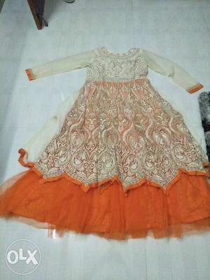 Orange And Beige Long-sleeved Dress