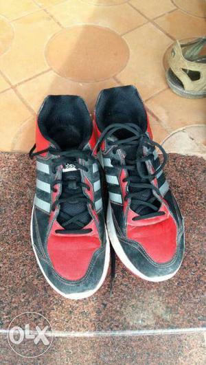 Pair Of Black-red-and-gray Adidas Athletic Shoes