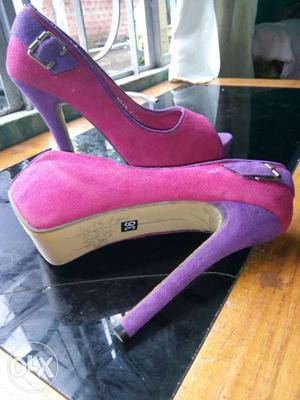 Purple-and-pink Suede Open Toe Platform Stilettos