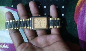 Rectangular Gold Chronograph Watch With Black Link Bracelet